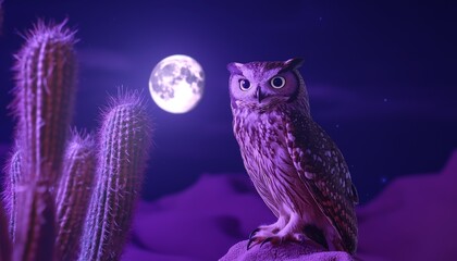 Cool-toned navy cow print backdrop with a wise-looking owl perched near a moonlit cactus, creating a mystical desert scene.