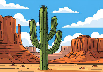 A stylized, cartoon-like depiction of a desert landscape featuring a tall saguaro cactus
