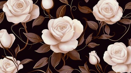 Romantic ornamental floral composition with pale blush pink roses, shimmering gold detailing, and sage green vines over a deep burgundy base.