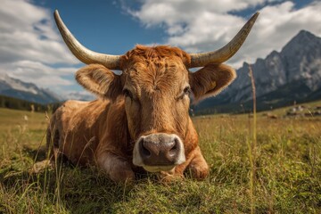 horned cow resting in a field