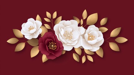 Sophisticated symmetrical floral ornament featuring blush pink and ivory flowers with delicate golden detailing, set against a rich wine-red background.