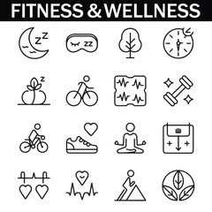Healthy Lifestyle Vector Icon Set with Adjustable Line Weight Featuring Fitness, Nutrition, Exercise, Wellness, Sleep, Yoga, Meditation, Heart Rate, Gym, Hiking, Cycling, Sports, and Health Monitoring