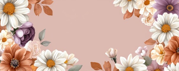A bohemian floral print with scattered daisies and hand-painted petals in hues of warm caramel, rich violet, and sage green, placed over a soft mauve background.