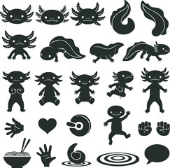 Obraz premium A collection of black silhouette icons featuring axolotls in various poses and life stages, along with other related symbols.