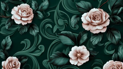 Elegant baroque-style botanical motif featuring delicate swirling leaves and pastel pink blossoms over a rich emerald green backdrop.