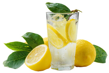 Fototapeta premium Zesty summer lemon juice splash in frosted glass with icy condensation — ultra‑detailed high‑resolution transparent PNG cutout ideal for refreshing citrus beverage branding and healthy drink menu