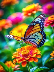 Fototapeta premium A delicate butterfly with iridescent wings rests on a colorful flower