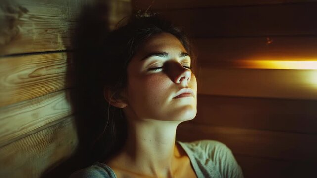 Meditating woman with eyes closed, deep in thought or prayer, symbolizing spirituality and inner peace.