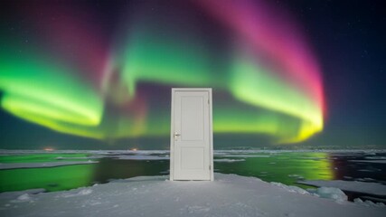 Mystical portal arctic aurora borealis, ethereal glow above frozen landscape with door - Powered by Adobe