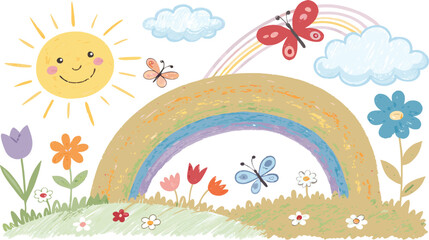 Joyful Crayon Doodle Set Rainbow, Sun, Clouds, Flowers, Butterflies and Grass.