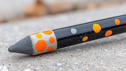 Close-up of a graphite pencil with orange, white, and light gray polka dots
