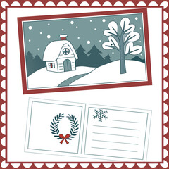 Illustration of a winter scene with a house tree and snow and two cards with a wreath and snowflake design