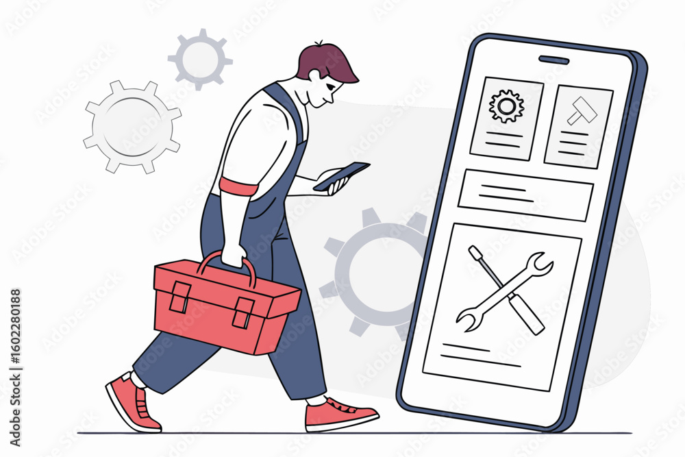 Poster worker carrying toolbox while using smartphone in a digital work environment focusing on technology 