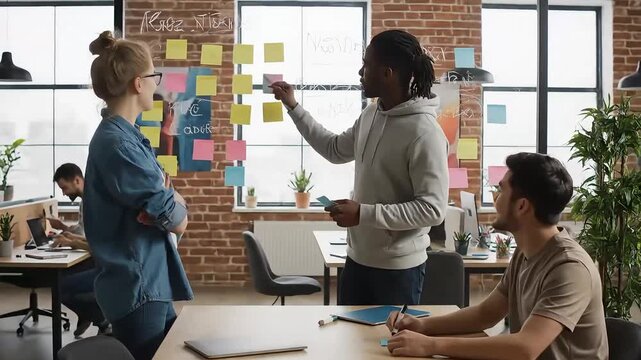 Startup team brainstorming with sticky notes in modern co-working space