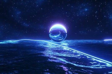 • Platinum sphere floats silently over a dark indigo space ocean, trailing neon lines