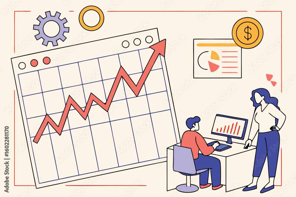 Poster business professionals analyzing performance data using a computer with charts and graphs in an offi