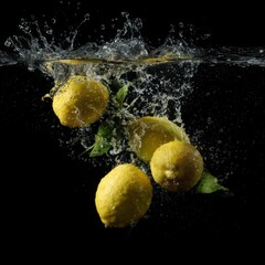 lemons falling into the water water splashes black solid background illustration small details 8k
