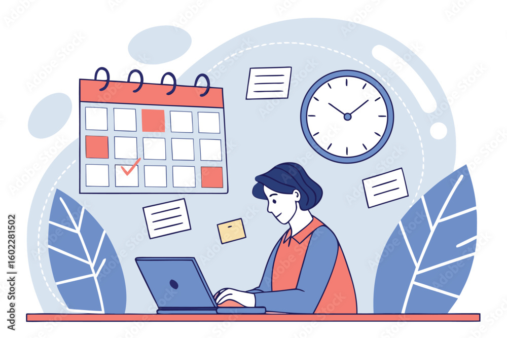 Poster planning and organizing tasks with technology and time management elements illustrated through a dig