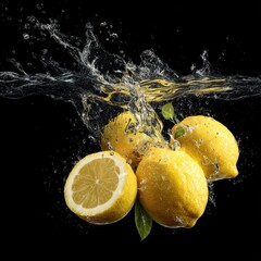 lemons falling into the water water splashes black solid background illustration small details 8k