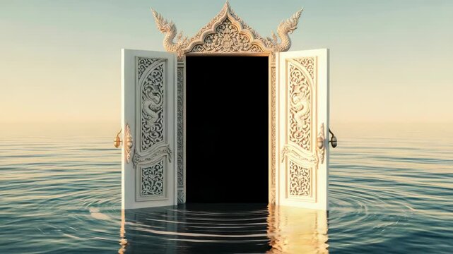 Ornate doorway in an ocean, opening sequentially to reveal an unknown future