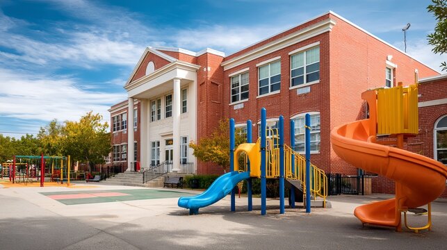 Modern public school building with playground on sunny day