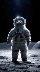 A digitally rendered image of a cat in a spacesuit standing on a lunar surface, illuminated by a bright light source above, against a dark, starry night sky