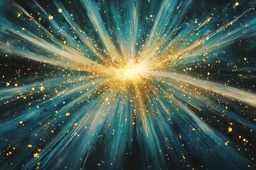 Fototapeta premium Radiant starburst over a turquoise galactic void with streaks of gold 
