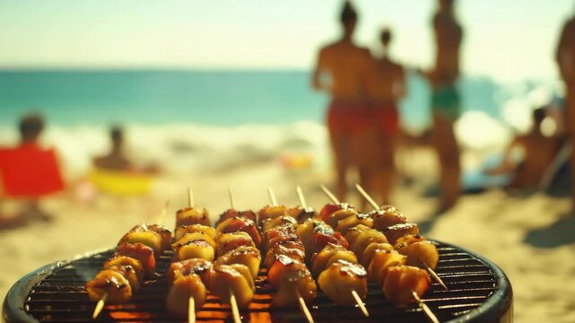 A variety of shish kebabs being cooked on a beachside barbecue grill, with people enjoying their time at the beach in the background.