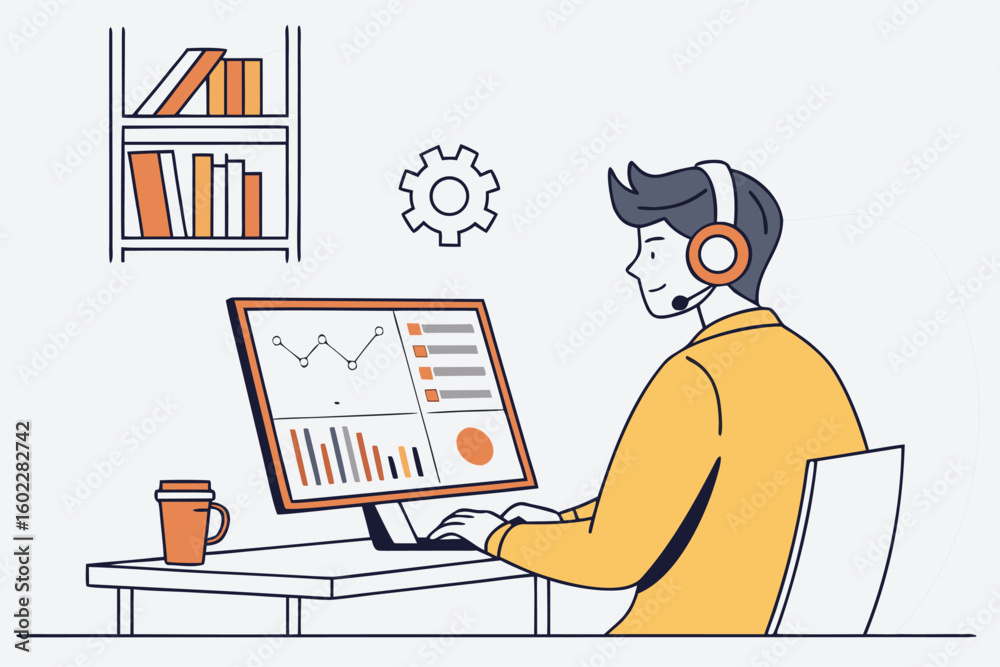 Poster person working on computer with headset in a modern office setting while analyzing data and charts d