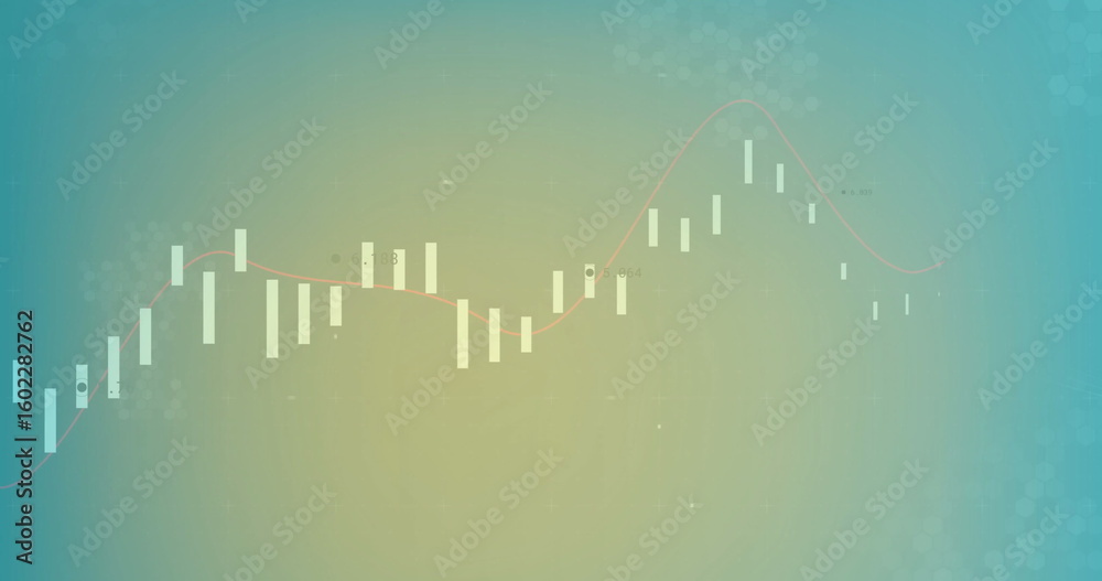 Poster displaying candlestick chart on analytic dashboard with white bars, red line and circular markers