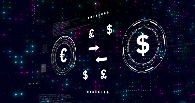 Displaying currency exchange in digital interface, with euro and dollar HUDs and two-way arrows