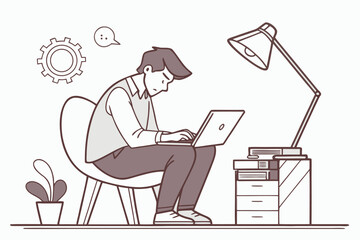 Fototapeta premium Man working on laptop in cozy home office with books and indoor plant during a quiet afternoon