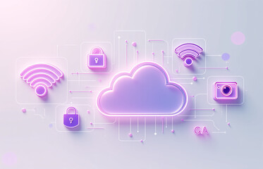 3D neon illustration of a cloud surrounded by lock, Wi-Fi, and camera icons, symbolizing cloud security and IoT connectivity in modern tech infrastructure.