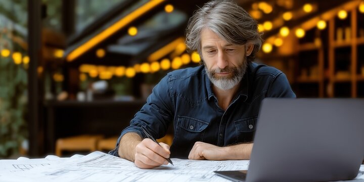 Architect is using a laptop to design a building interior