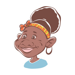 Little black girl avatar. Cute African American child girl with joyful facial expression for school website user profile, social media, sticker. Hand drawn illustration of a funny black female kid.