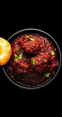 Dark bowl of spiced meatballs in a rich, red sauce, with a light-colored round food item beside