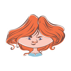 Redhead child girl avatar. Cute portrait of a red-haired schoolgirl for school website user profile, social media, badge, sticker. Hand drawn vector illustration of kid's face with a funny expression.