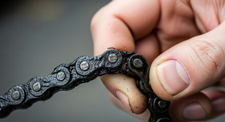 Hand Holding Dirty Bicycle Chain for Maintenance or Repair