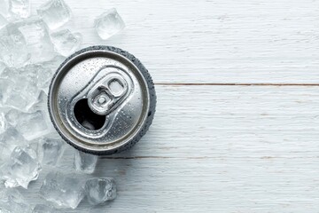 Obraz premium An open soda can sits among scattered ice cubes on a white wood surface Condensation droplets adorn the cans exterior