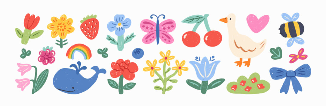 Naklejki Funny kids doodles and icons drawn with crayon. Adorable childish colorful drawings. Cute goose, whale, flowers, butterfly, cherry, heart, strawberry, bee. Vector hand drawn illustration.
