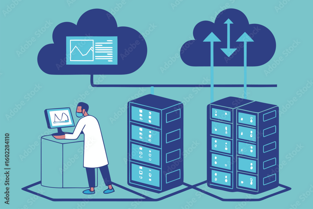 Poster data management system illustrating a professional working in a lab setting, analyzing cloud storage