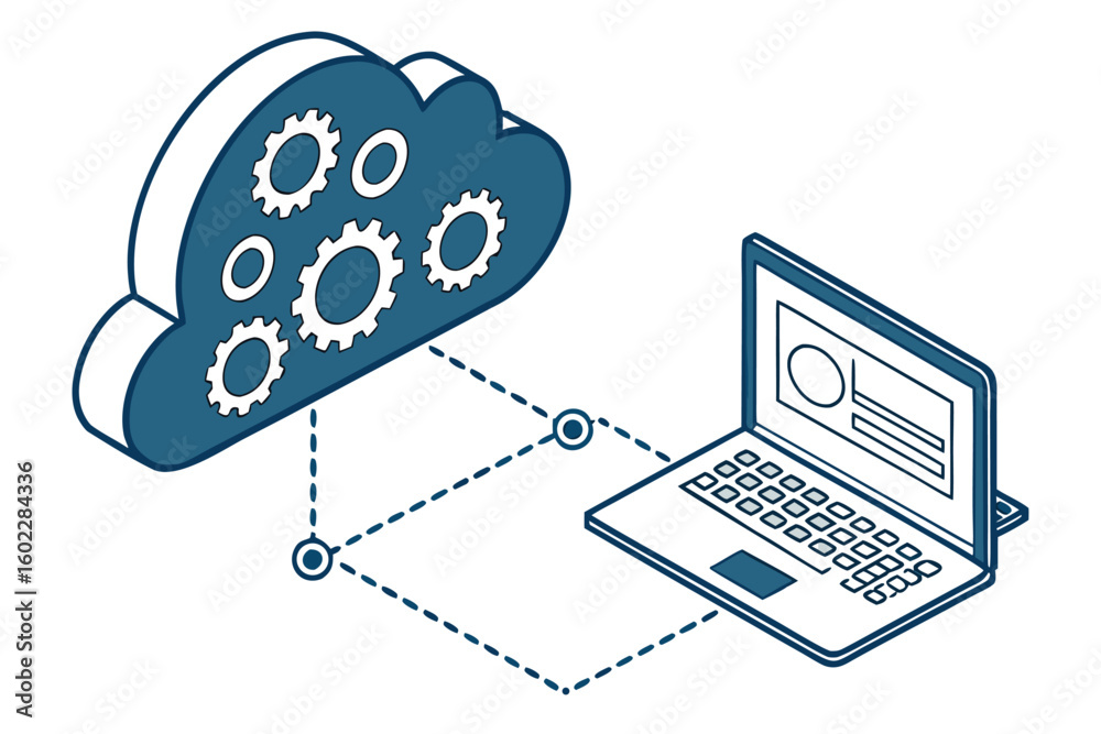 Poster cloud computing concept with gears symbolizing data processing connected to a laptop in a digital en