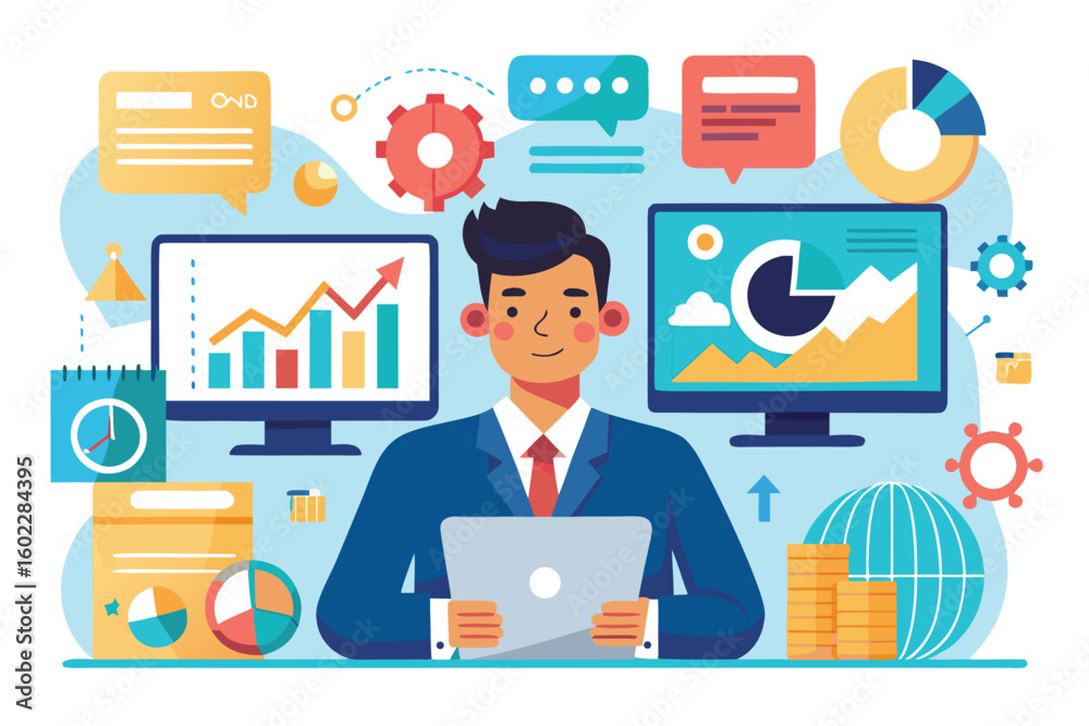 Poster business professional analyzing data with charts and graphs on multiple screens in a modern office e