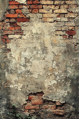 Old brick wall with peeling dirty white and grey plaster, weathered texture, rustic and urban decay, vintage atmosphere, rough surface, aged and distressed look