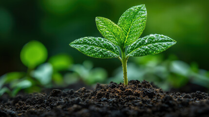 Young green plant soil dew growth nature environment sustainability fresh leaf outdoor. vibrant young plant with dew on its leaves grows in rich soil symbolizing environmental care and hope