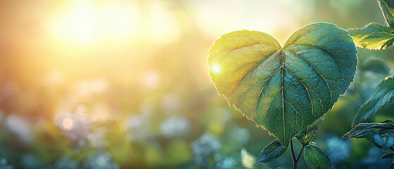 Heart shaped green leaf sunlight nature eco friendly sustainability morning fresh environment growth peaceful scene. Heart shaped green leaf glows warm sunlight symbolizing eco friendly lifestyle