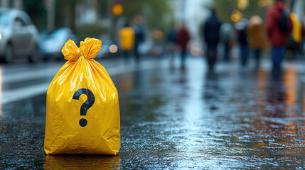 Yellow garbage bag question mark street wet pavement urban mystery waste city rainy day people blurred in background concept of uncertainty