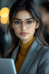 Confident young woman with long dark hair, wearing glasses and gray blazer over mustard turtleneck, holding laptop, looking at camera in modern office setting