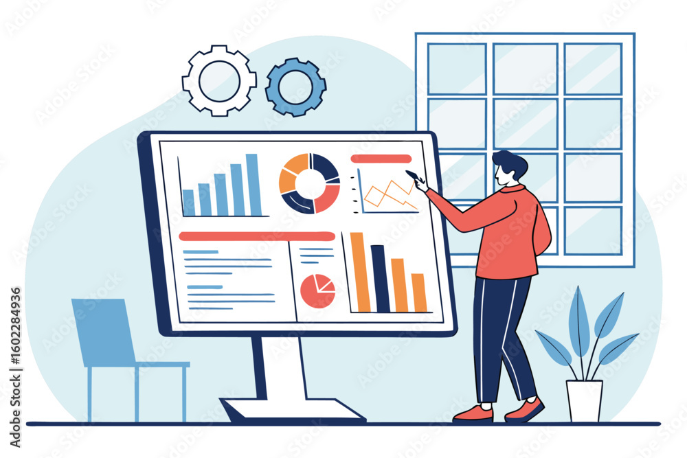 Poster data analysis in a modern office with a focus on digital charts and graphs displayed on a large scre