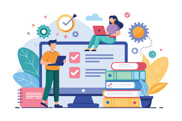 People working on digital tasks with laptops in a colorful office space filled with plants and gears during daytime